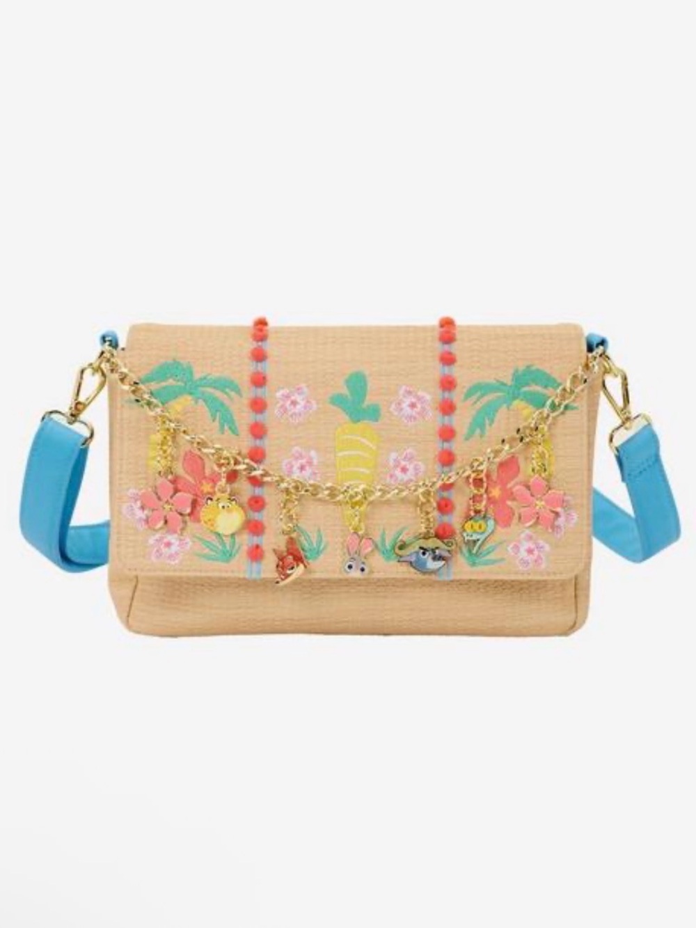 Loungefly Beige Woven Crossbody with Coral Pom & Turquoise Strap